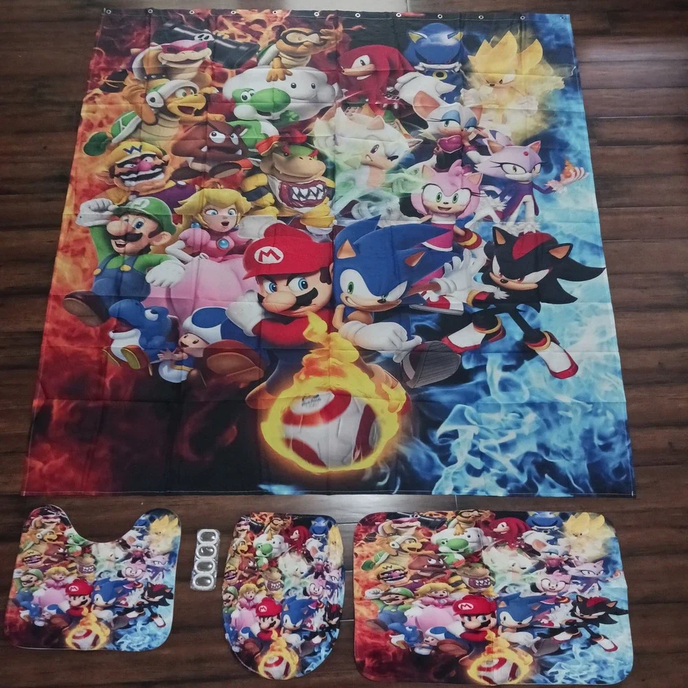 Super Mario Sonic the Hedgehog Bathroom Set Shower Curtain Rugs 4pc Gaming Decor